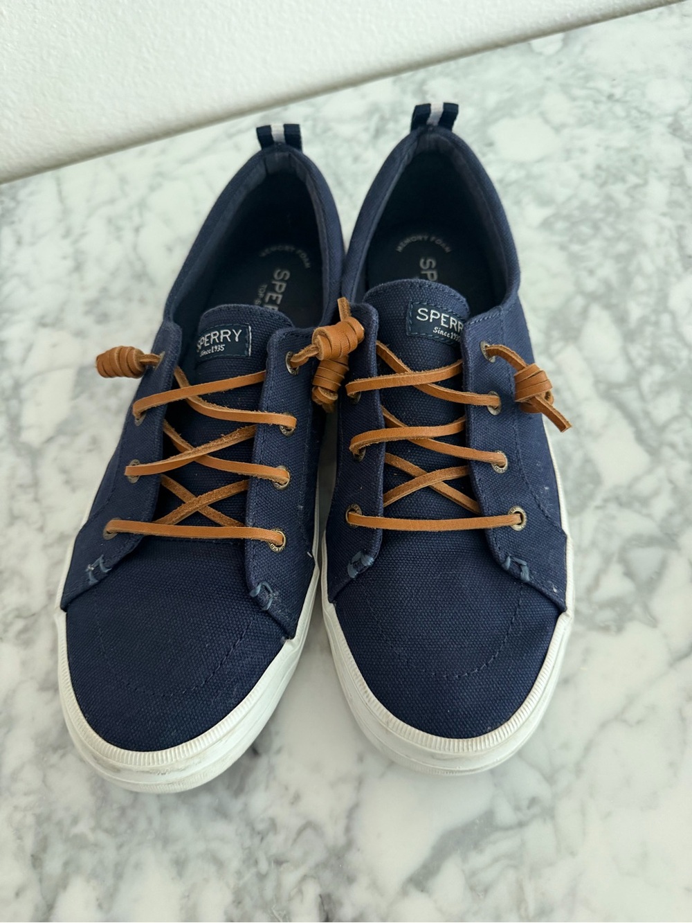 Sperry Navy Canvas Boat Shoes with Tan Laces